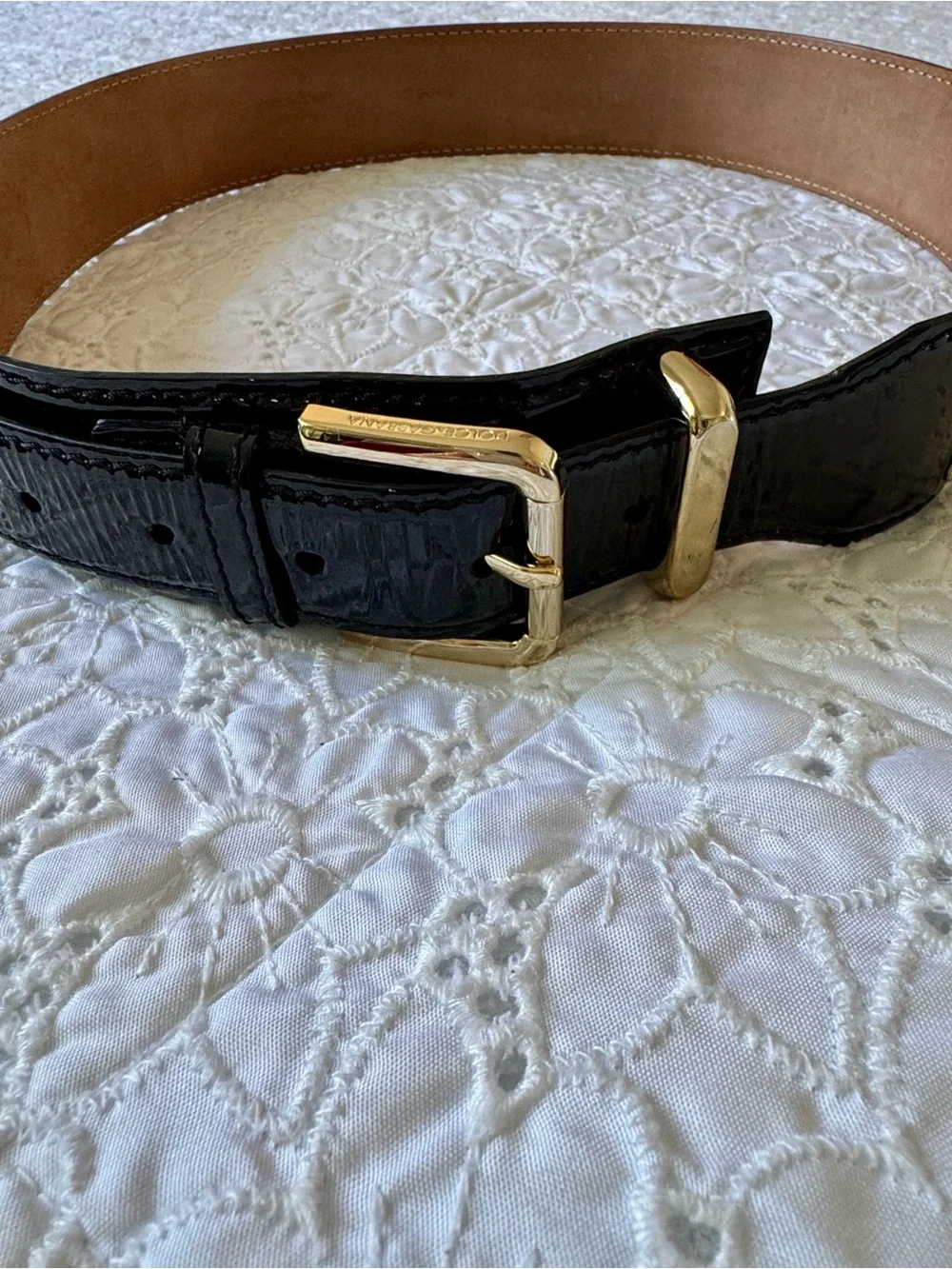 Dolce & Gabbana Black Patent Leather Belt with Gold Plaque